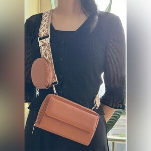 New!Camel Tan VEGAN LEATHER CROSSBODY DUO WALLET HANDBAG